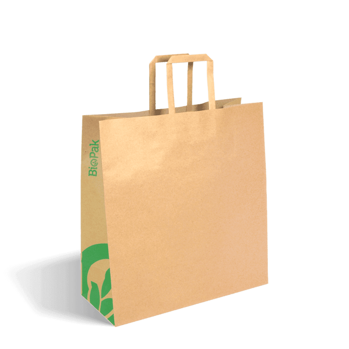 BioPak Kraft Paper Carry Bags – 320x140x340mm Medium Flat Handle Kraft Paper Bags – carton of 200