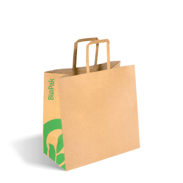 BioPak Kraft Paper Carry Bags – 280x150x275mm Small Flat Handle Kraft Paper Bags – carton of 250