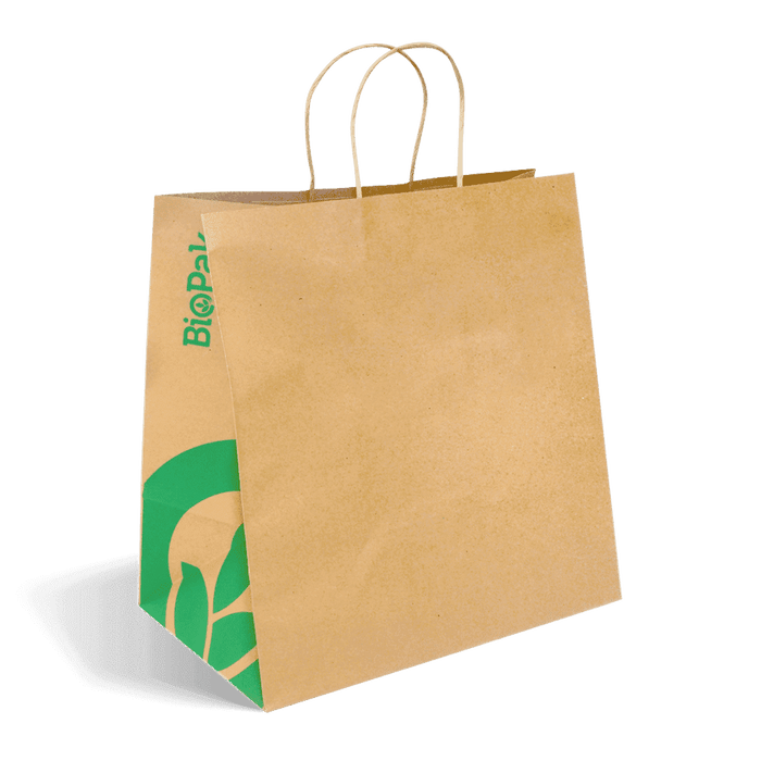 BioPak Kraft Paper Carry Bags – 355x220x370mm Jumbo Twist Handle Kraft Paper Bags – carton of 150
