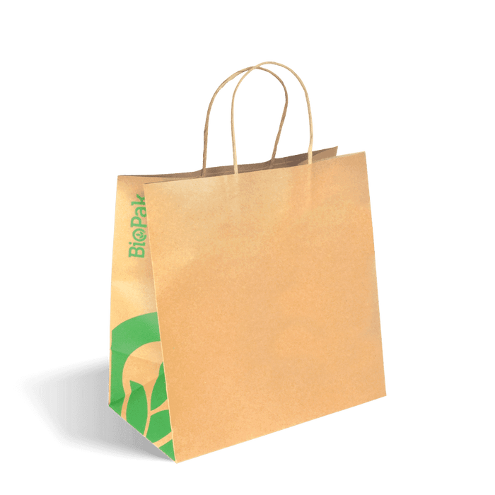 BioPak Kraft Paper Carry Bags – 300x170x305mm Large Twist Handle Kraft Paper Bags – carton of 250