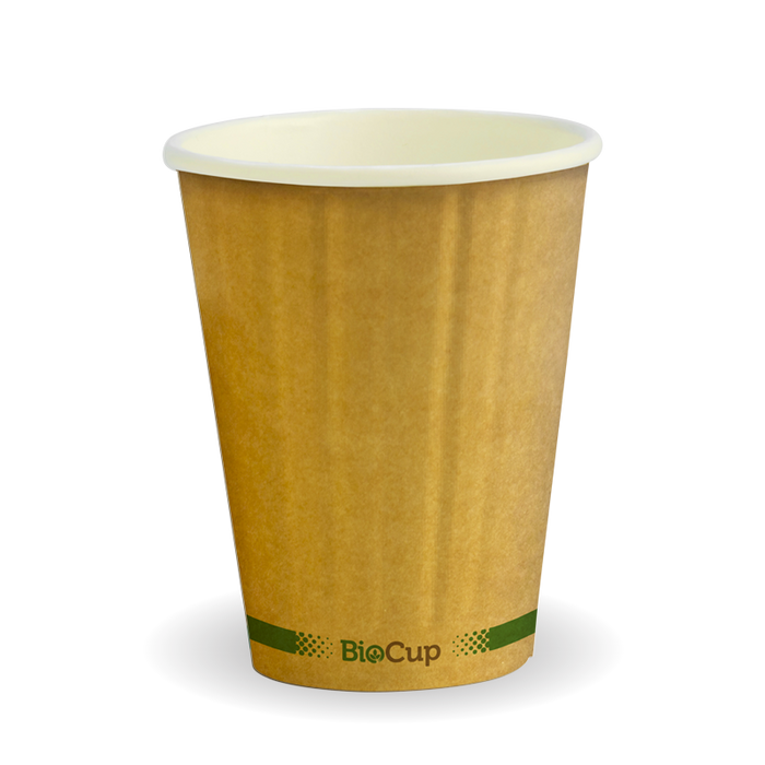 BioPak Kraft Green Stripe Double Wall Hot BioCups – 255ml - 8oz – 80mm rim – carton of 1,000