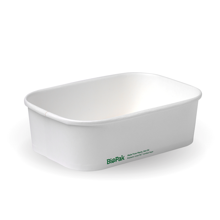 BioPak BioBoard Rectangular Container Bases – 650ml White BioBoard Takeaway Base – carton of 300