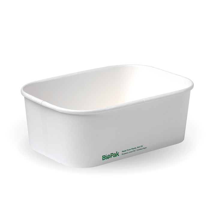 BioPak BioBoard Rectangular Container Bases – 750ml White BioBoard Takeaway Base – carton of 300