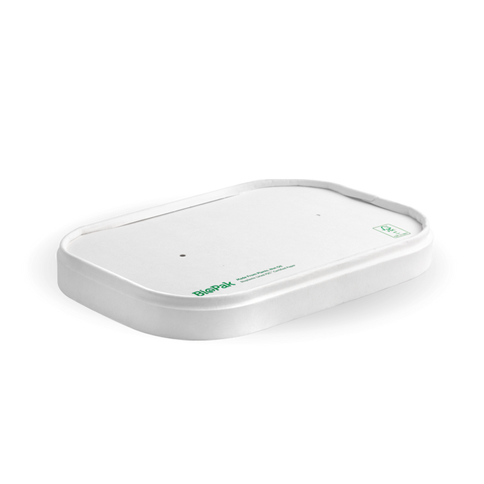 BioPak BioBoard Rectangular Container Lids – 500-1,000ml White Paper BioBoard Takeaway Lid – carton of 300