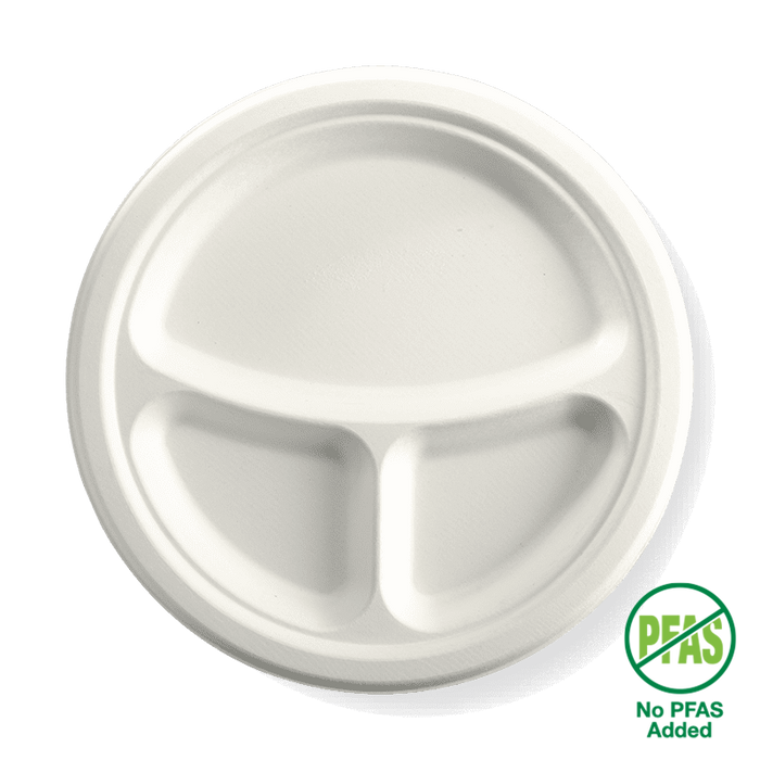BioPak BioCane Plates – 25cm - 10" 3-Compartment Round Plant Fibre Plate – carton of 500