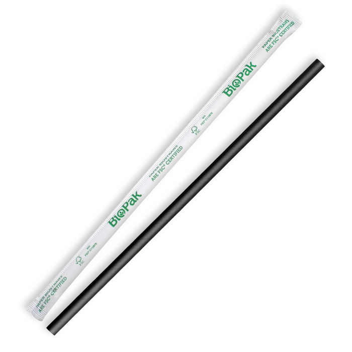 BioPak Regular Paper BioStraws – 6mm Individual Wrapped Regular Black BioStraw – carton of 2,500