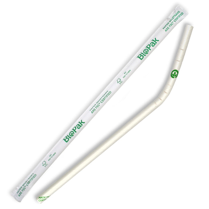BioPak Regular Paper BioStraws – 6mm Individually Wrapped White Bendy Straw – carton of 2,500