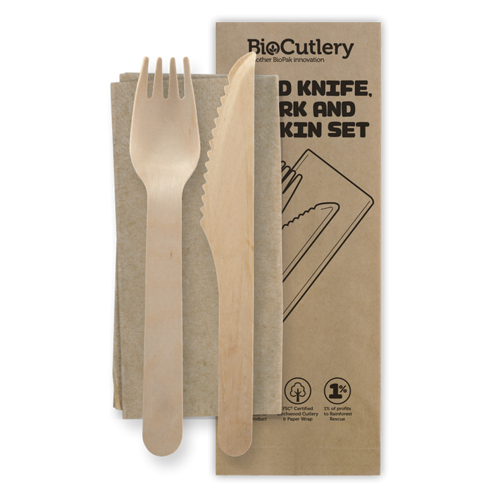 BioPak FSC Wooden Knives – 16cm Wood Knife, Fork & Napkin Set – carton of 400