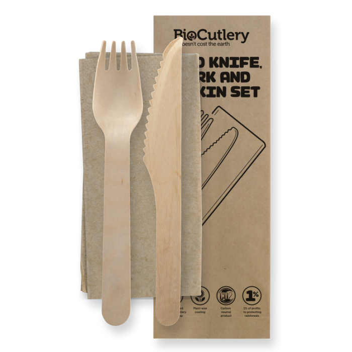 BioPak FSC Wooden Knives – 16cm Coated Wood Knife, Fork & Napkin Set – carton of 400
