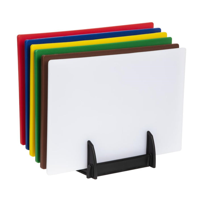 Hygiplas Low Density Set of 6 Chopping Boards with Rack - 450x300x10mm - FY329 - Simply Hospitality NZ