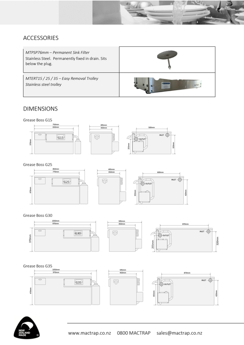 Mactrap Grease Boss EasyClean G35 technical dimensions and connection layout