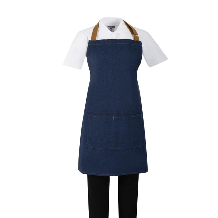 Southside Short Length Bib Apron – Denim Blue with Tan Ties - BA158 - Simply Hospitality NZ